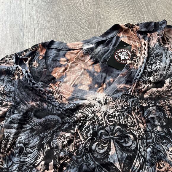 NWT AFFLICITION Live Fast Wmns Graphic Bleach Distressed Braid AOP V Neck Wings - Picture 6 of 11